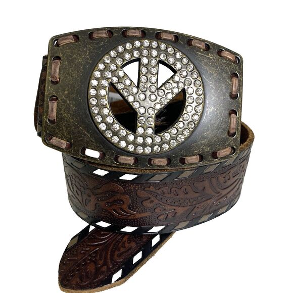 Ariat Peace Buckle Rhinestone Brown Leather Tooled Belt Western Mens 38 - Picture 1 of 8